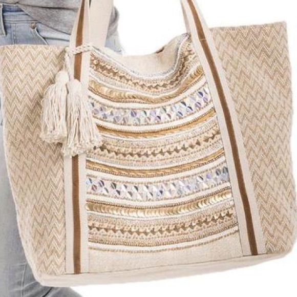 Chevron Beaded Large Tote Bag Weekender - Picture 3 of 3